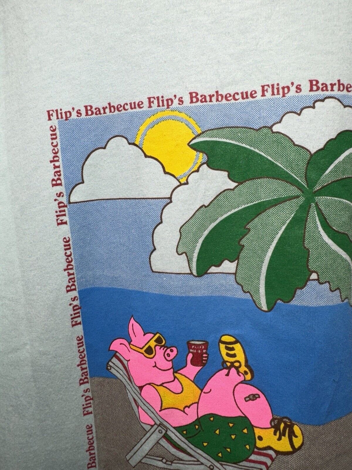 Vintage Flip’s Barbecue T-Shirt Sz L Blue Double Sided USA North Carolina 