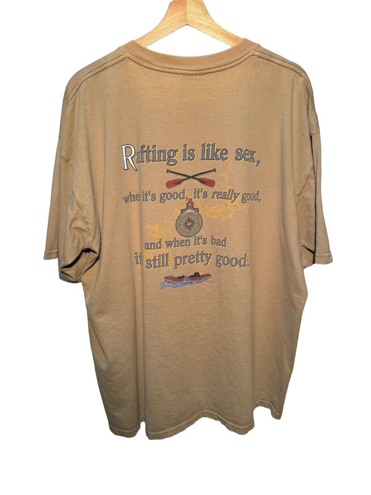 Vintage 90s Rafting Is Like Sex Funny T-Shirt Sz XXL Tultex Beige Quotes 