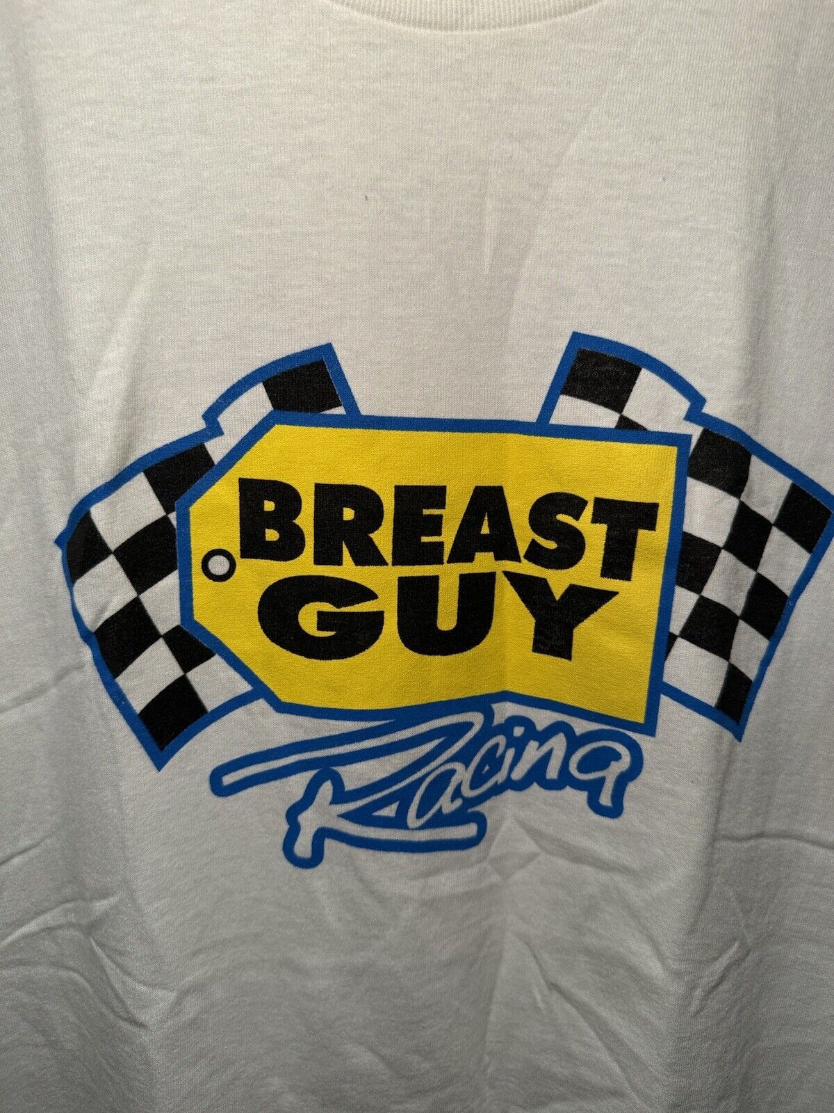 Vintage 90s Breast Guy Racing T-Shirt Best Buy Parody Funny Sz L White Dbl Sided