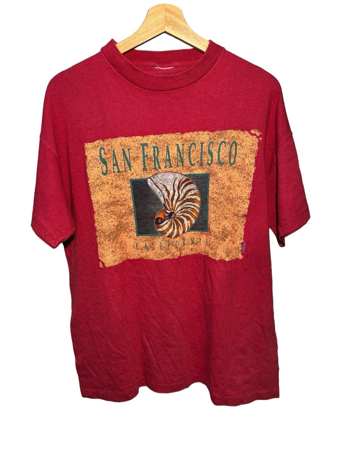 Vintage 80s 90s San Francisco Shell Graphic T-Shirt Sz L Red Short Sleeve 