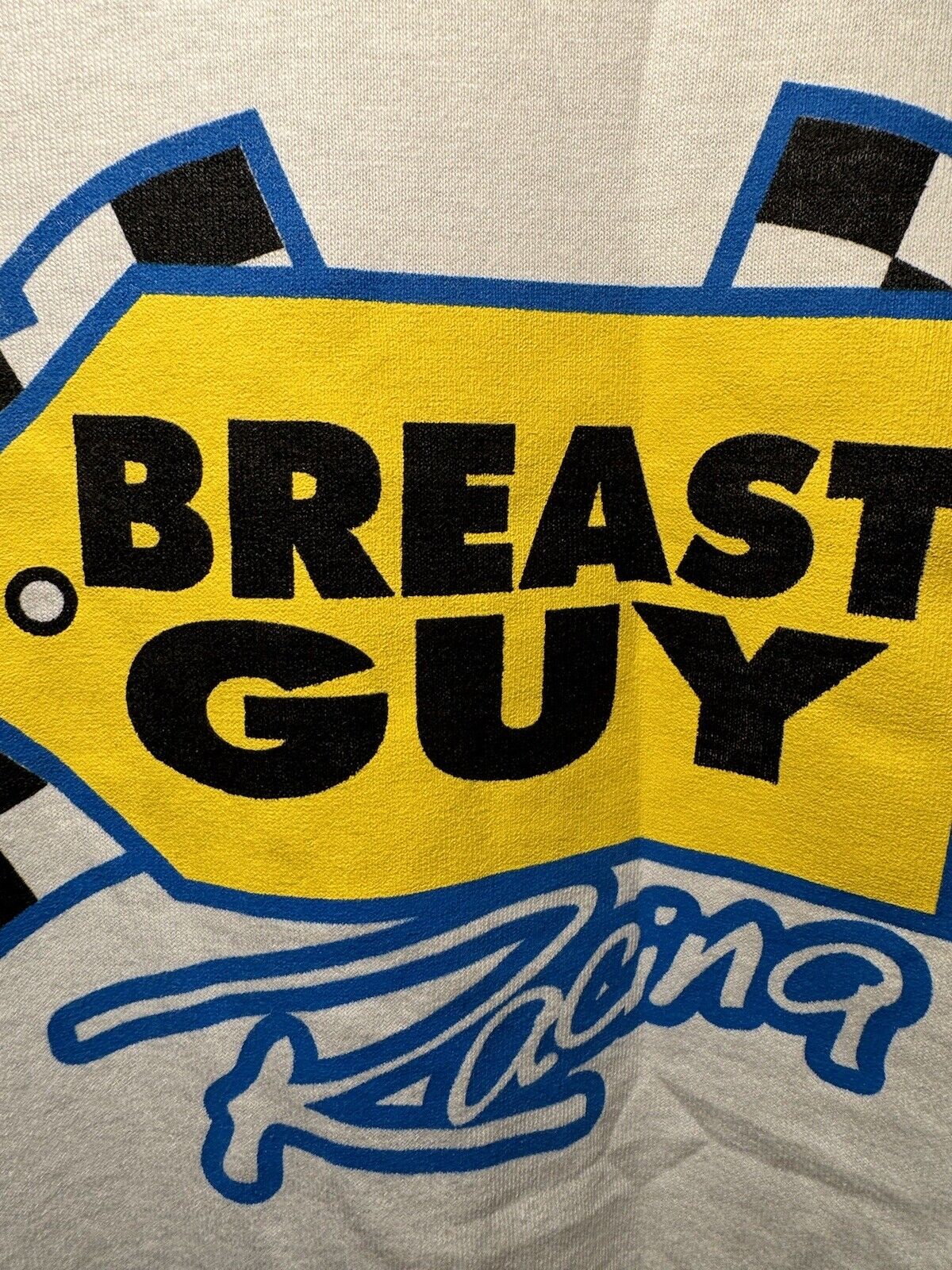 Vintage 90s Breast Guy Racing T-Shirt Best Buy Parody Funny Sz L White Dbl Sided