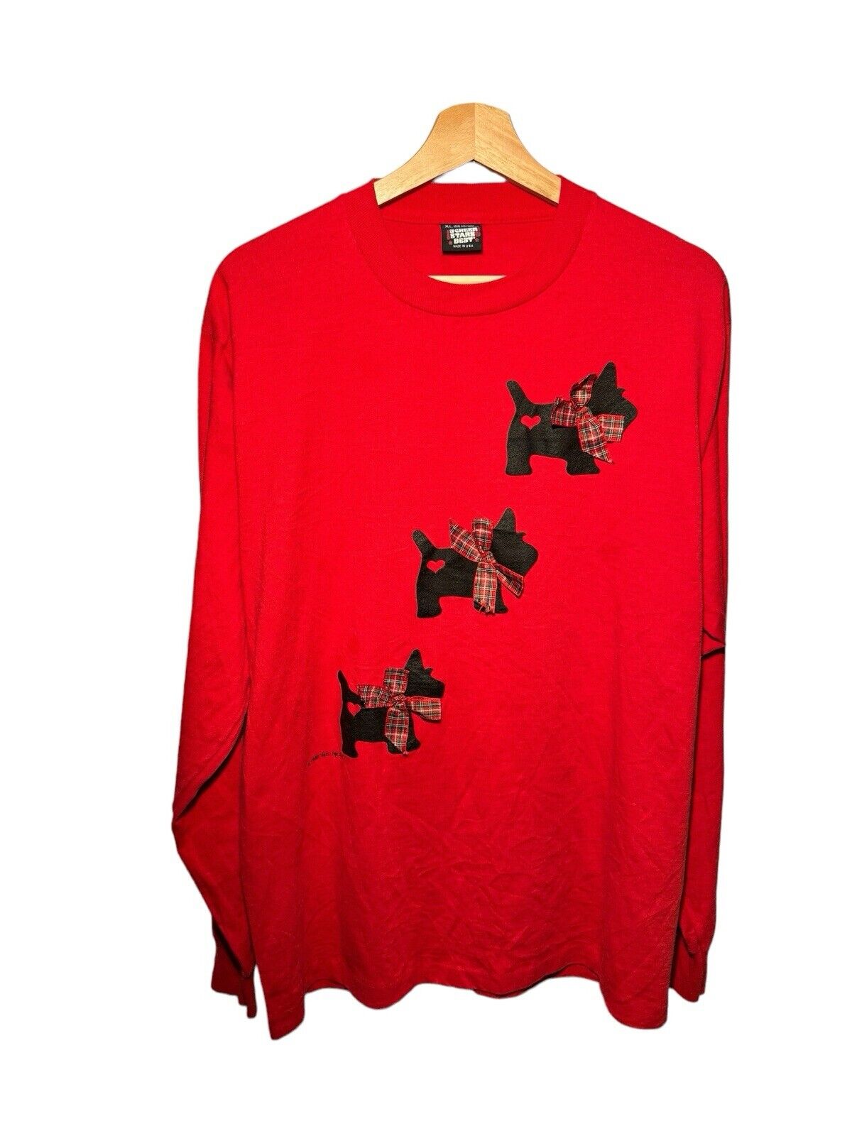 Vintage 80s Christmas Bows Scottish Terrier T-Shirt Sz XL Red Long Sleeve 