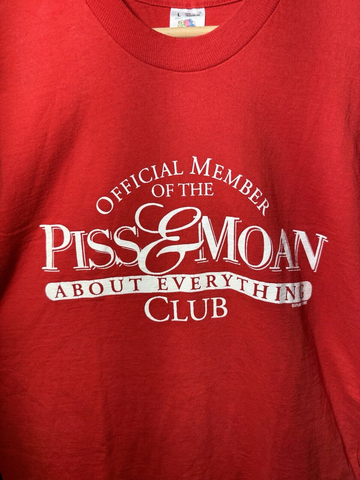 Vintage Piss & Moan About Everything Club Red T-Shirt L Funny Quotes 90s USA