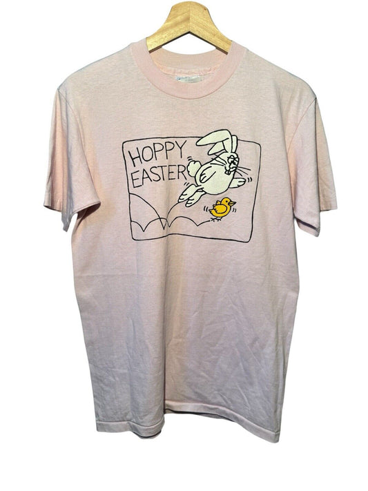 Vintage 80s Easter Bunny Cartoon Hoppy Easter  T-Shirt Sz M Pink USA Made RARE 