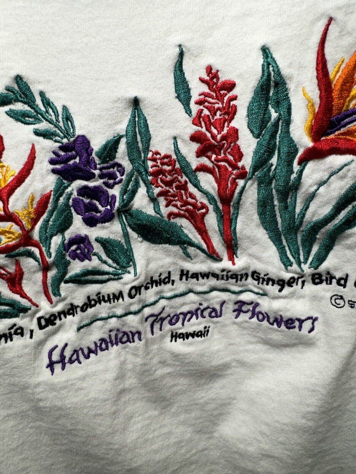 Vintage Women’s Hawaiian Tropical Flowers Embroidered T-Shirt Sz XL USA